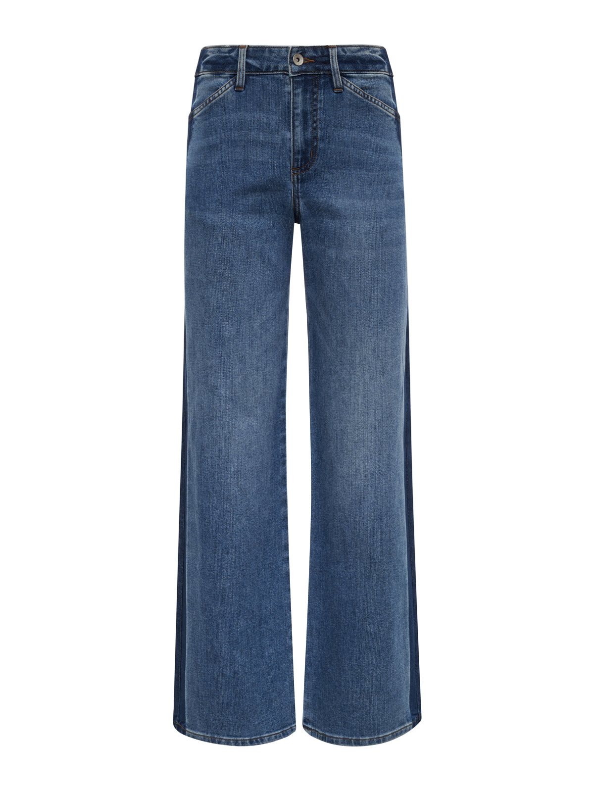 The tuxedo relaxed straight jean flirt by Sanctuary Clothing features a high-waisted, wide-leg fit with front and back pockets, belt loops, button and zipper closure, slight fade denim, and a classic casual style.