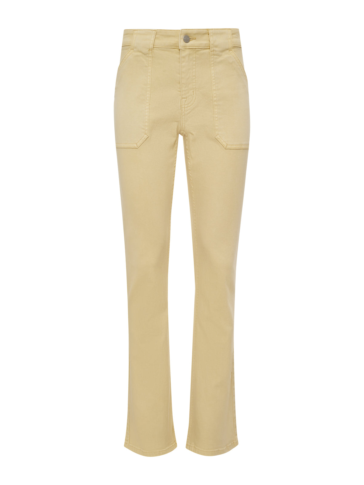 The hayden bootcut jean in buttercream by Sanctuary Clothing features a high waist, straight-leg fit, front patch pockets, belt loops, and button closure. Shown against a plain white background. Available in extended sizing.