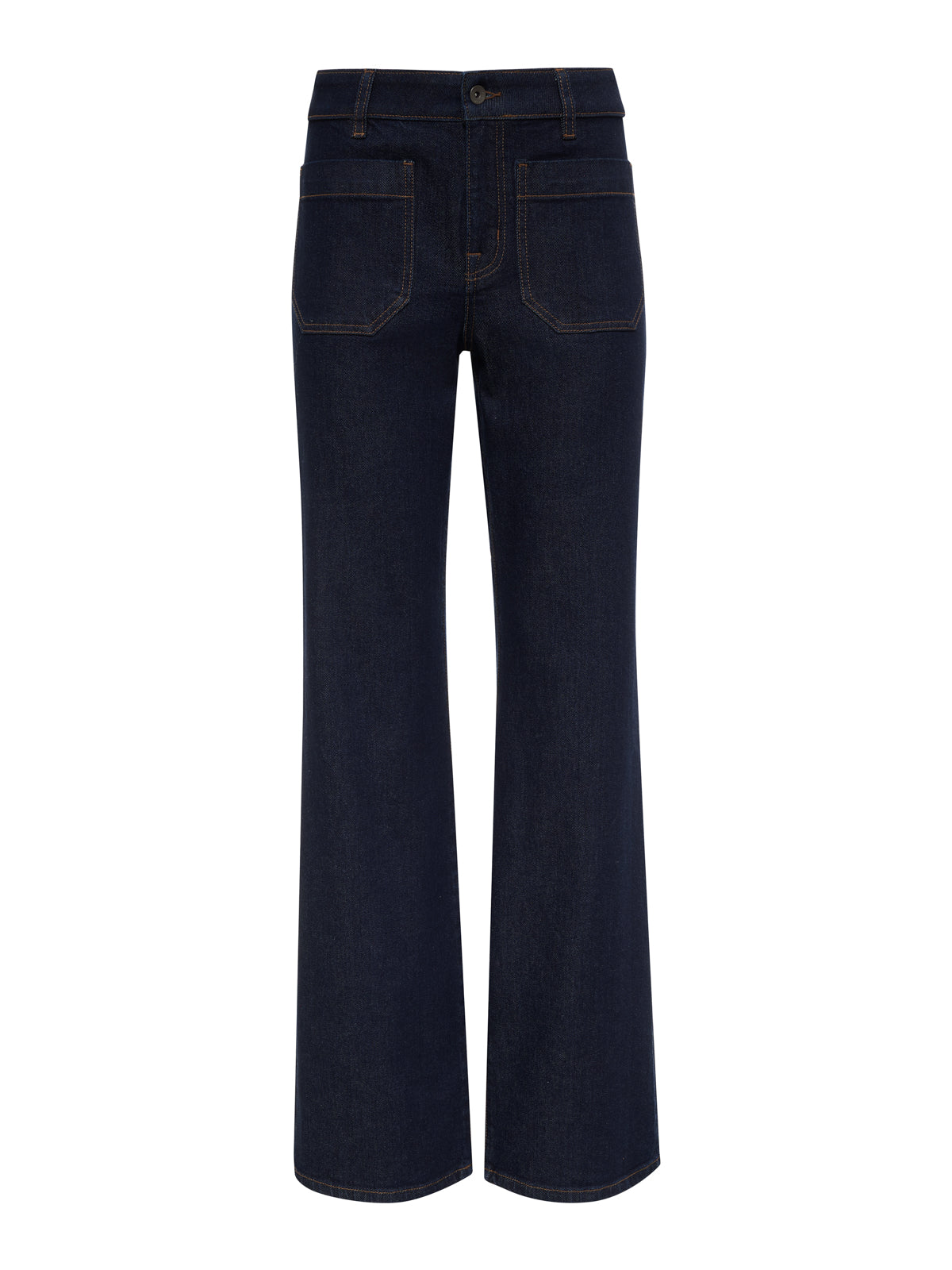 The marine full length jean first sight by Sanctuary Clothing features a high waist, front button and zip closure, two large front pockets, and wide straight legs in dark blue denim, shown on a plain white background.