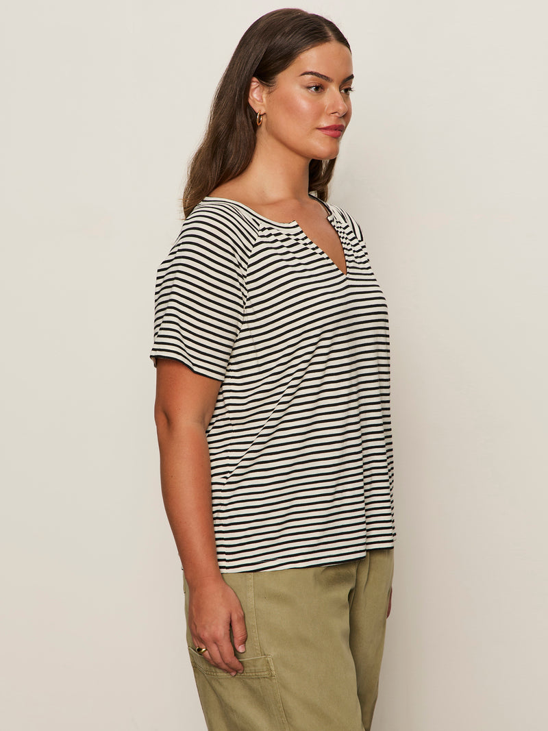 Notch Neck Tee Light Oat/Black Stripe Extended Sizing alt 2