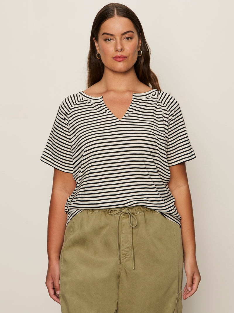 Notch Neck Tee Light Oat/Black Stripe Extended Sizing alt 1