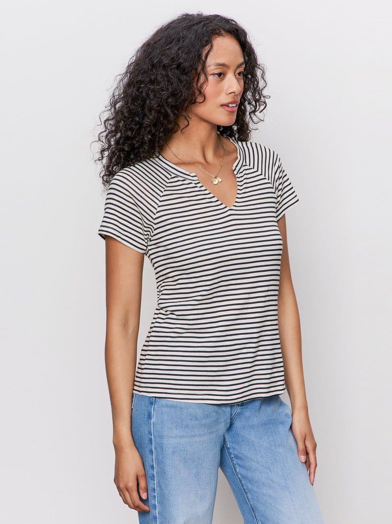 Notch Neck Tee Light Oat/Black Stripe alt 2