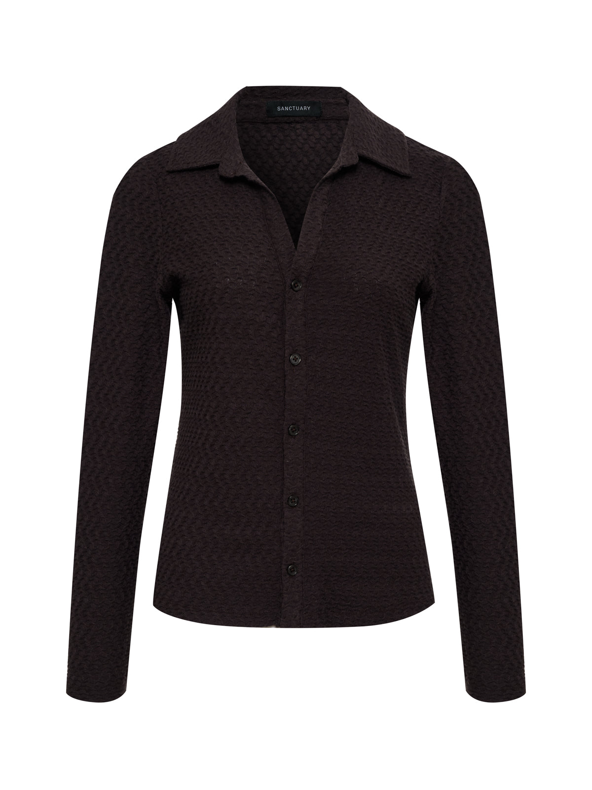 The Sanctuary Clothing textured knit Dreamgirl Top Semi Sweet (extended sizing), a black long-sleeved button-down blouse with a collar, is shown against a white background.
