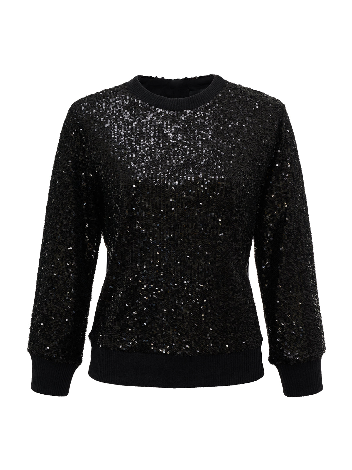The relaxed sparkle popover black by Sanctuary Clothing is a black, long-sleeved sweater with shiny sequins and ribbed crew neck, cuffs, and hem, shown on a plain white background.