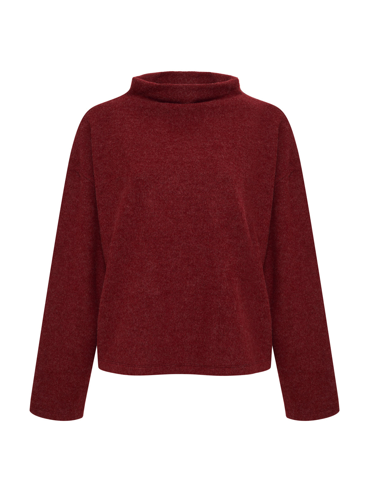 The Sanctuary Clothing "change of pace top" in crimson is a loose-fitting, long-sleeved sweater with a wide mock neckline, shown against a plain white background.