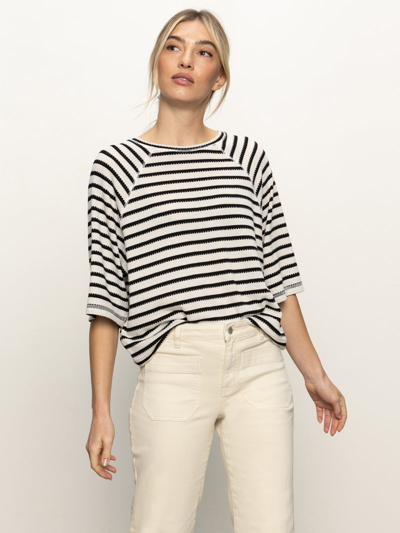 Boxy Raglan Tee Black with Light Oat Stripe