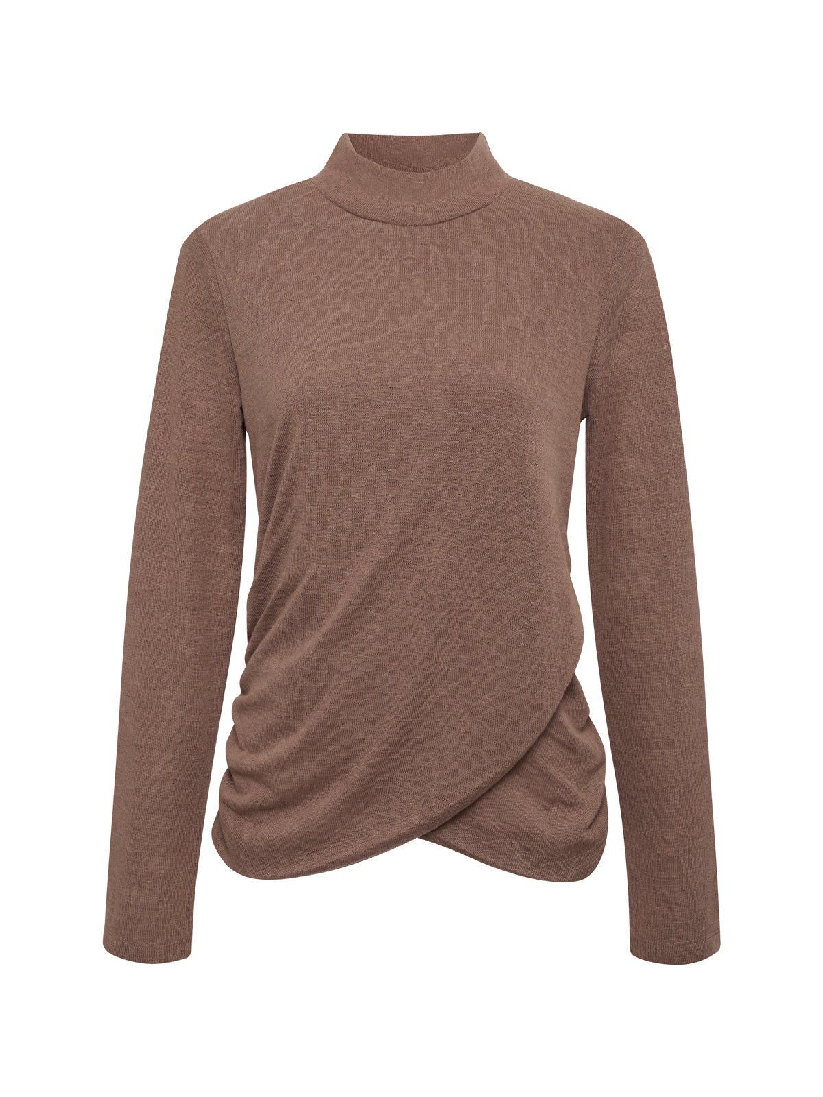 The Sanctuary Clothing long sleeve draped mock neck top in mocha features an asymmetrical ruched front and gathered detailing at the waist.