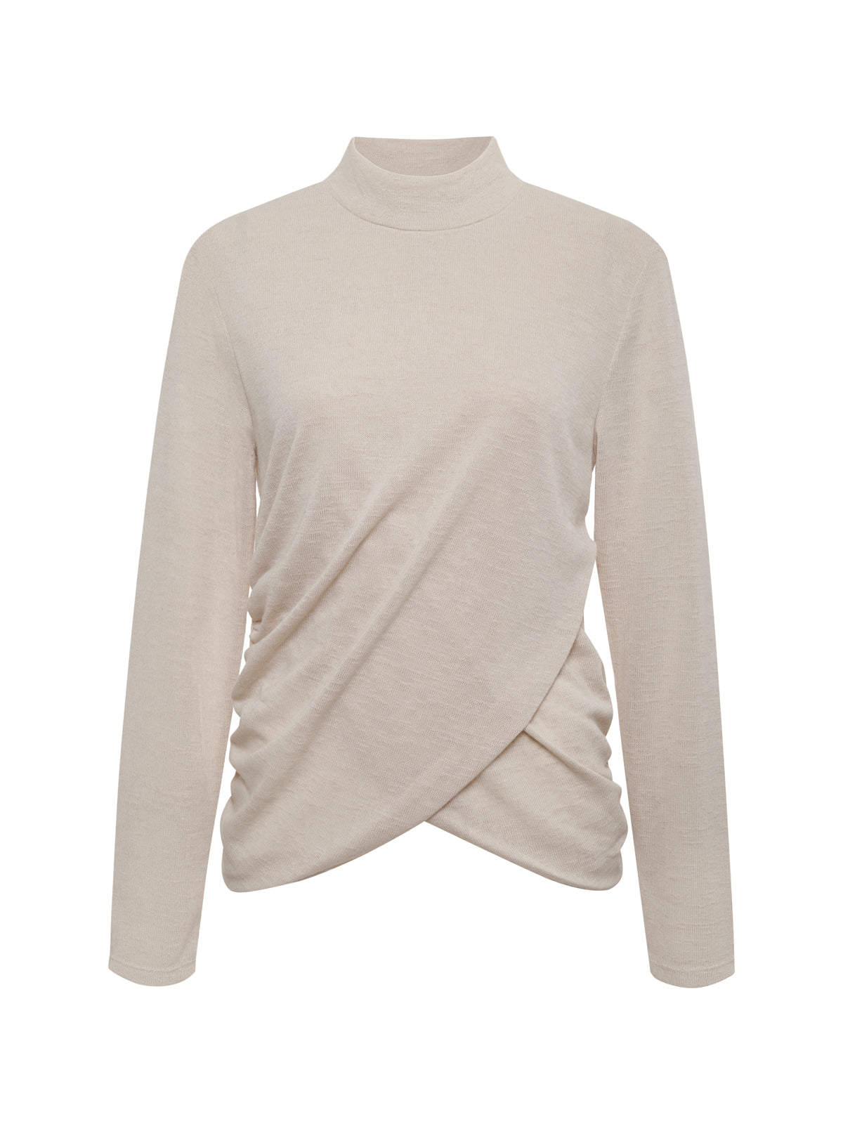 The Sanctuary Clothing long sleeve draped mock neck top in mother of pearl features a twisted front and ruched sides, set against a plain white background.