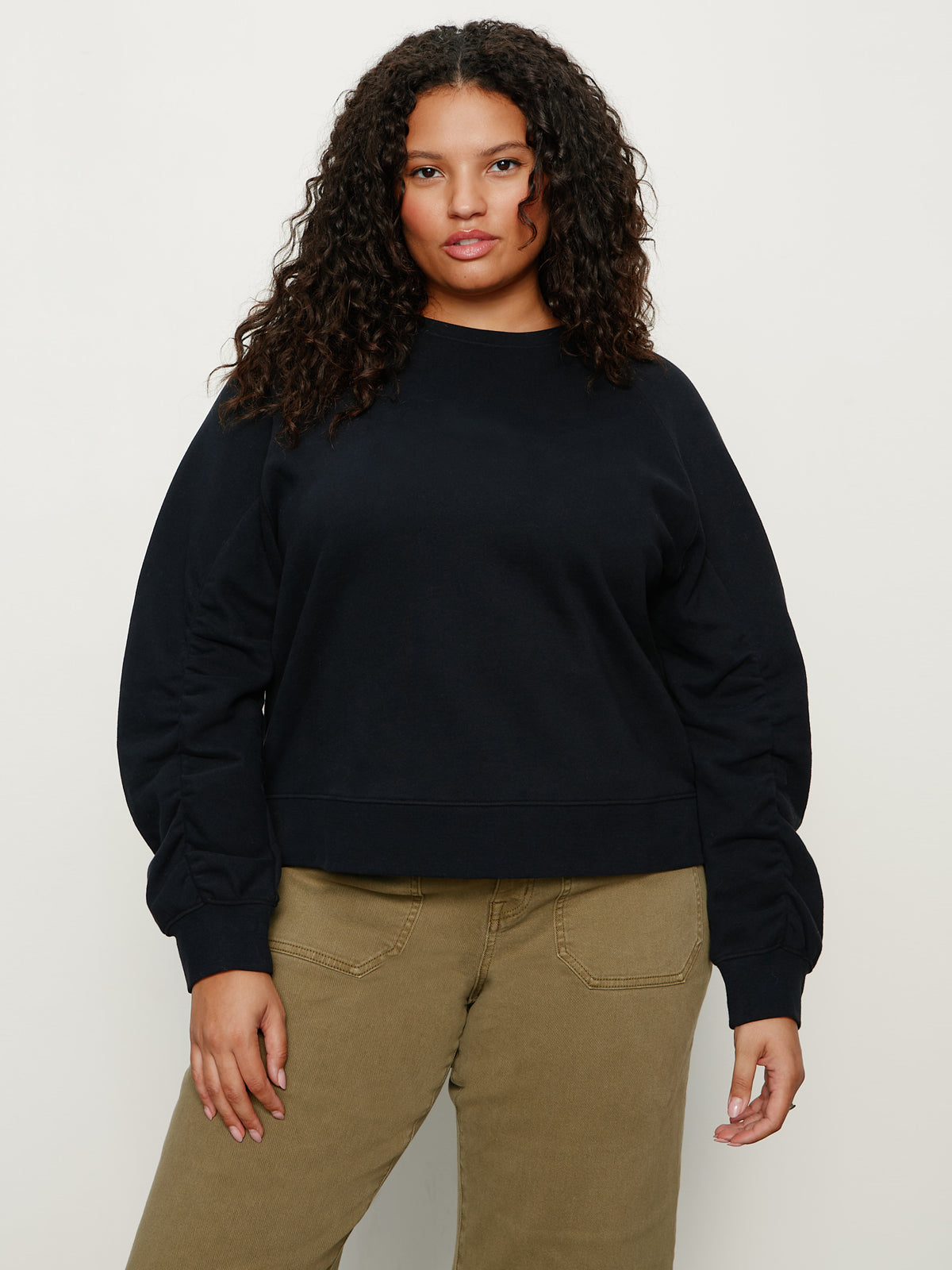 Shirred Sleeve Sweatshirt Black Extended Sizing