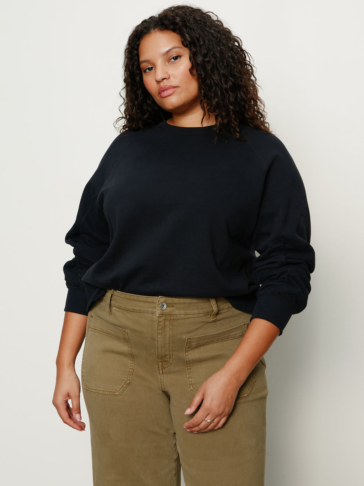 Shirred Sleeve Sweatshirt Black Extended Sizing