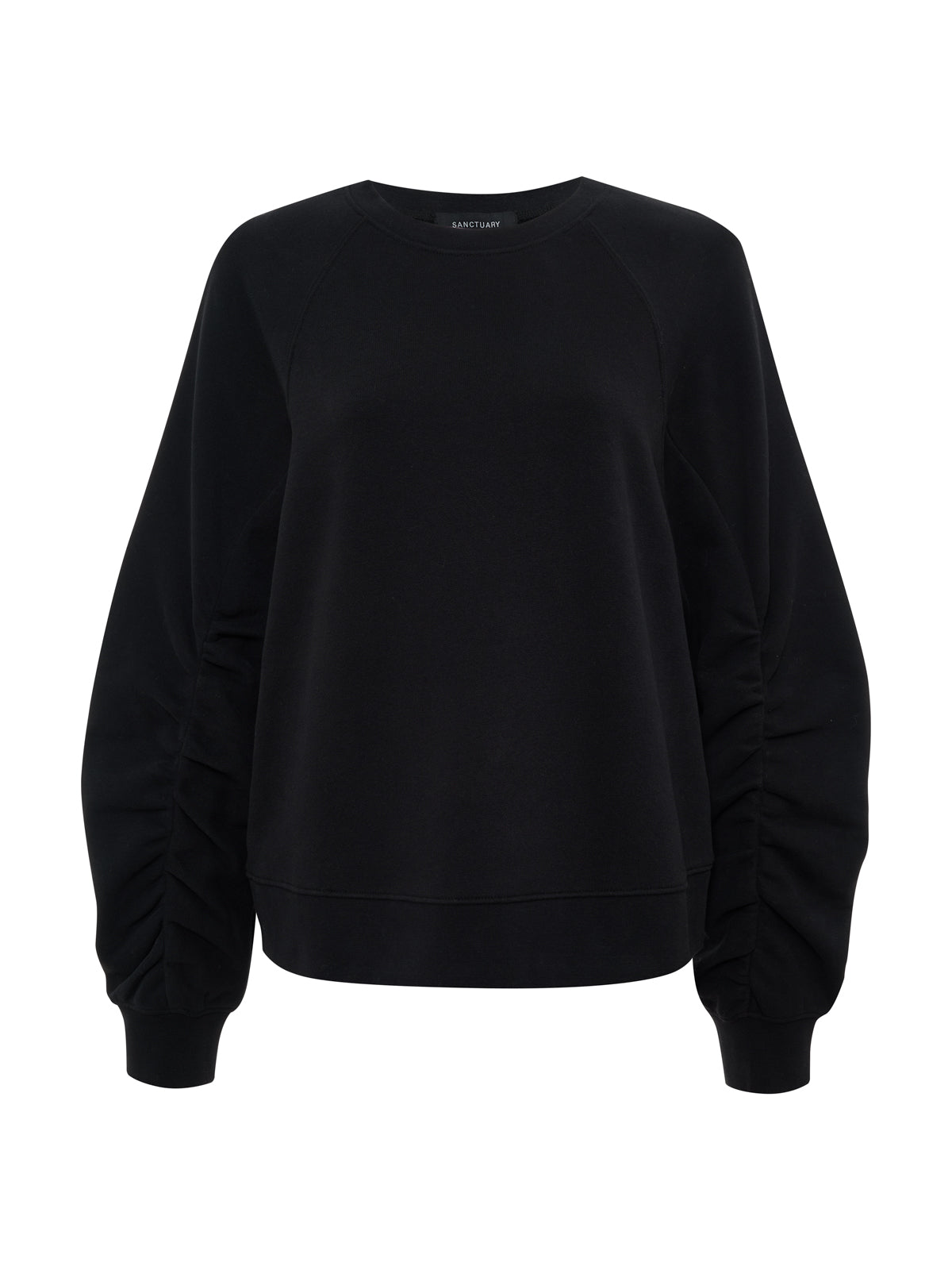 The Sanctuary Clothing shirred sleeve sweatshirt in black features a crew neckline and ruched sleeves, shown against a white background.