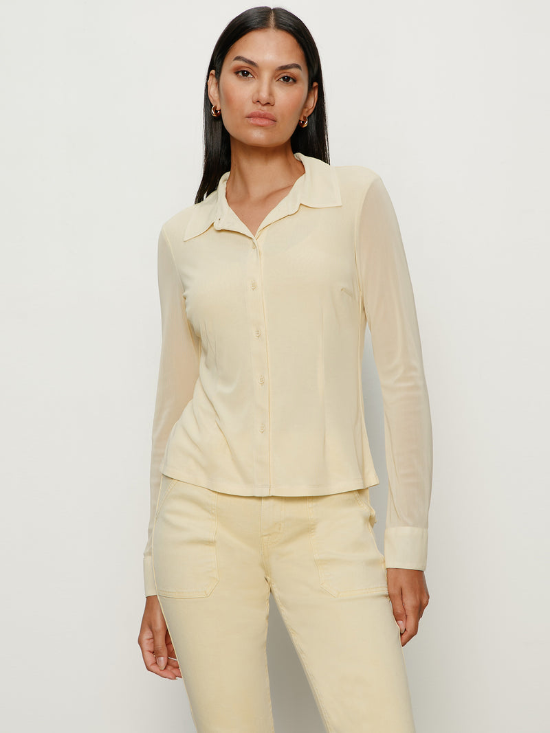 Fitted Mesh Button Down Top Buttercream alt 1