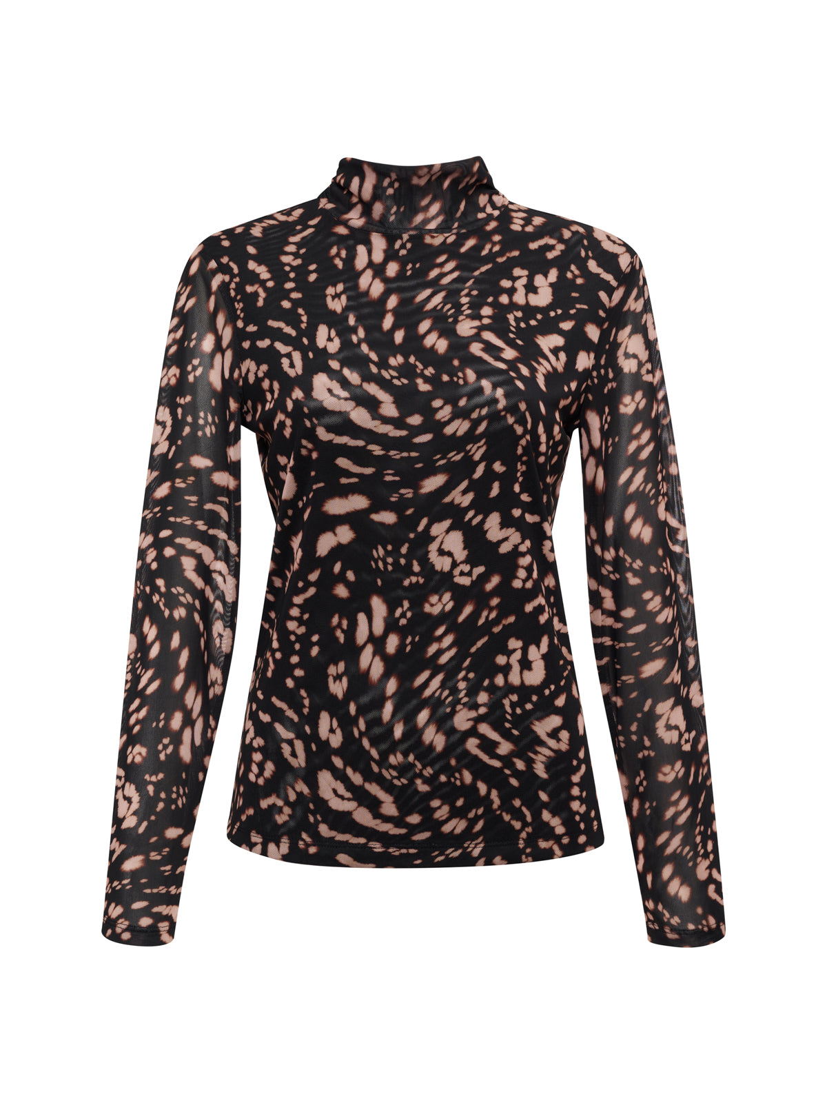 The Sanctuary Clothing long sleeve mesh mock top nocturnal features a black base with abstract beige swirl patterns and a high neckline.