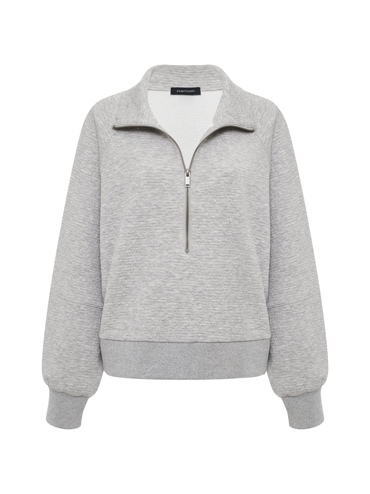 The Sanctuary Clothing textured zip up popover in heather grey features a half-zip front, stand-up collar, and ribbed cuffs and waistband, shown on a plain white background.