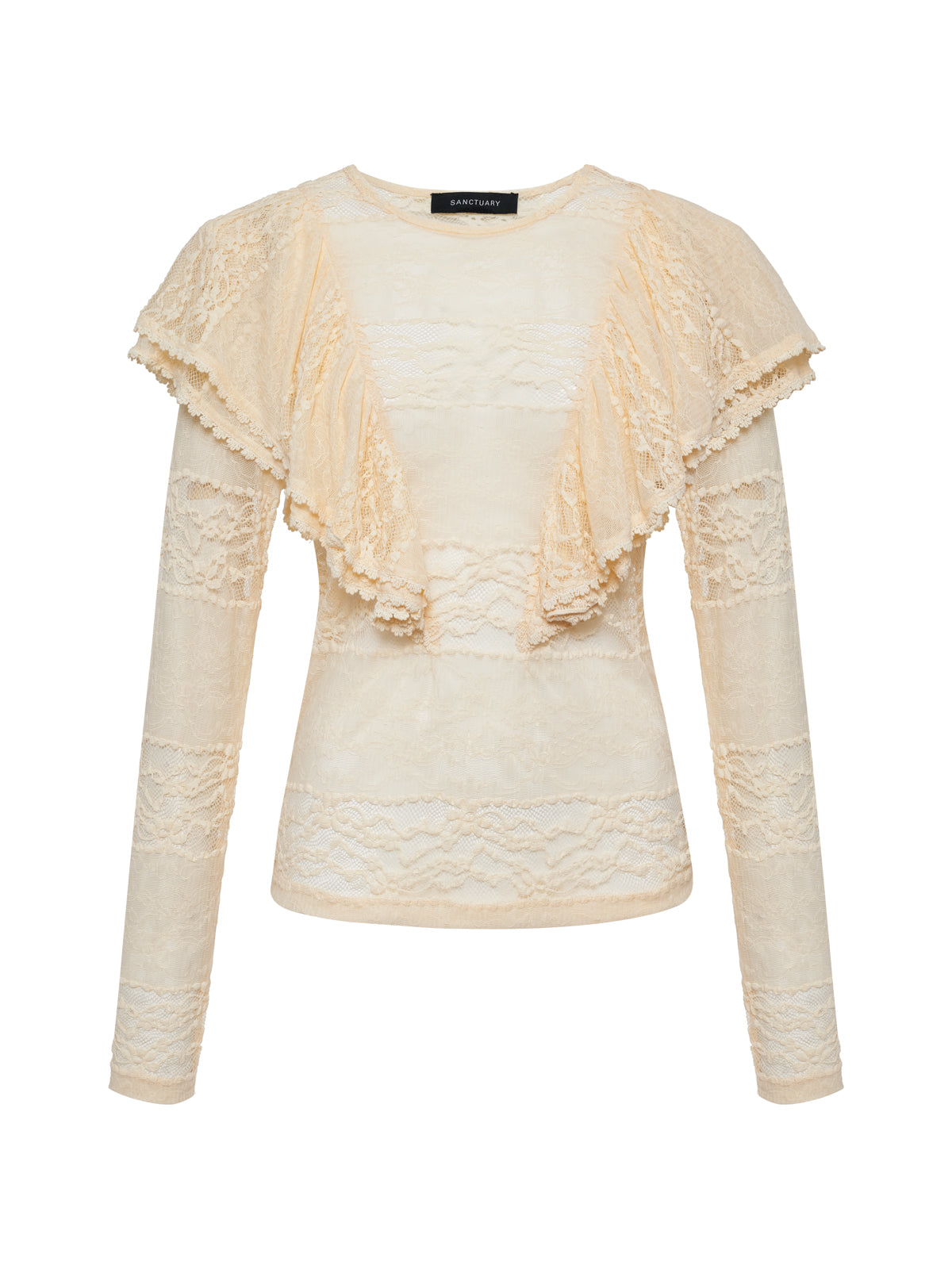 The Sanctuary Clothing ruffle lace tee in vintage ivory is a cream-colored, long-sleeve, semi-sheer blouse with layered ruffles across the shoulders and chest and a fitted silhouette.