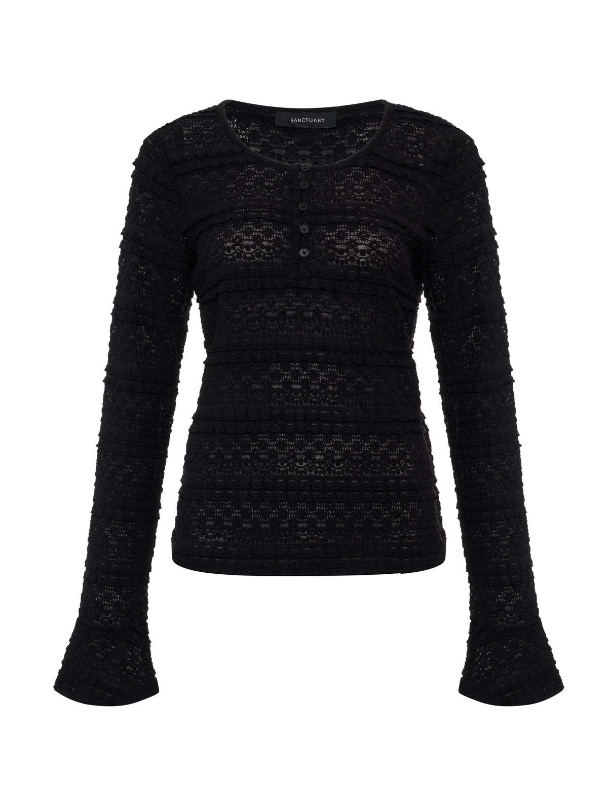 The Sanctuary Clothing "lovely lace button front top black extended sizing" features a black long-sleeve crochet-knit design with a round neckline, front button placket, flared cuffs, and semi-sheer horizontal stripes.