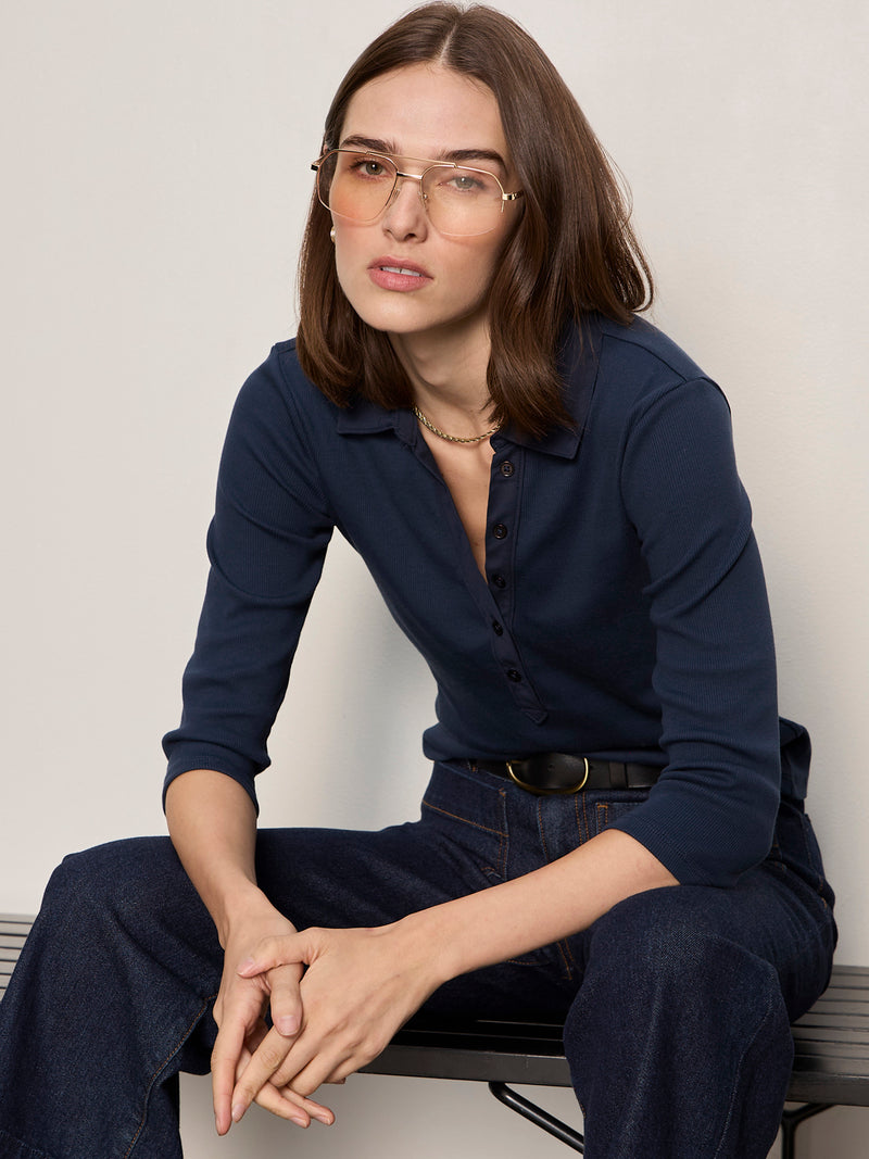 Echo Button Front Tee Navy Blazer alt 4