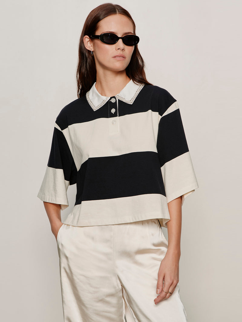 Embellished Polo Tee Collagen/Black Stripe