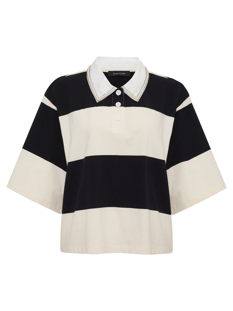 Embellished Polo Tee Collagen/Black Stripe alt 5
