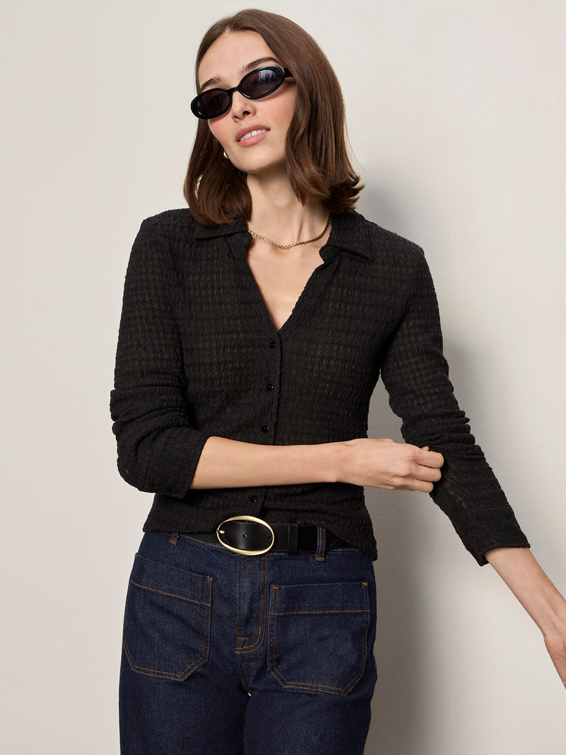 Juno Textured Button Front Top Black