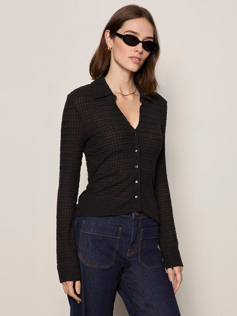 Juno Textured Button Front Top Black alt 2