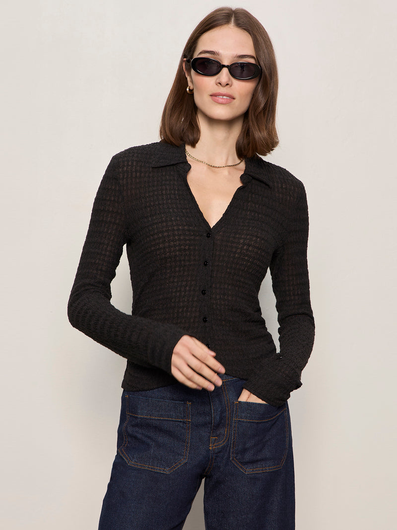 Juno Textured Button Front Top Black alt 3