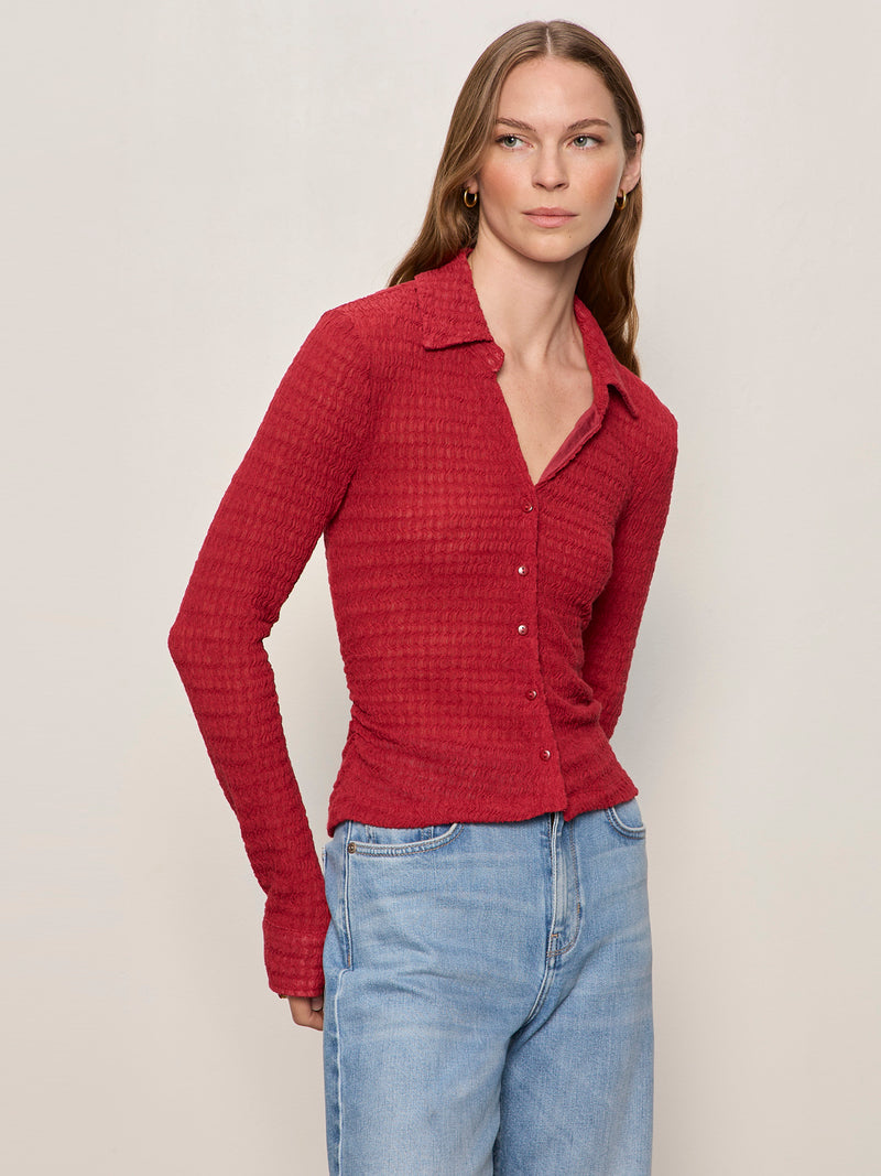 Juno Textured Button Front Top Red Berry alt 2
