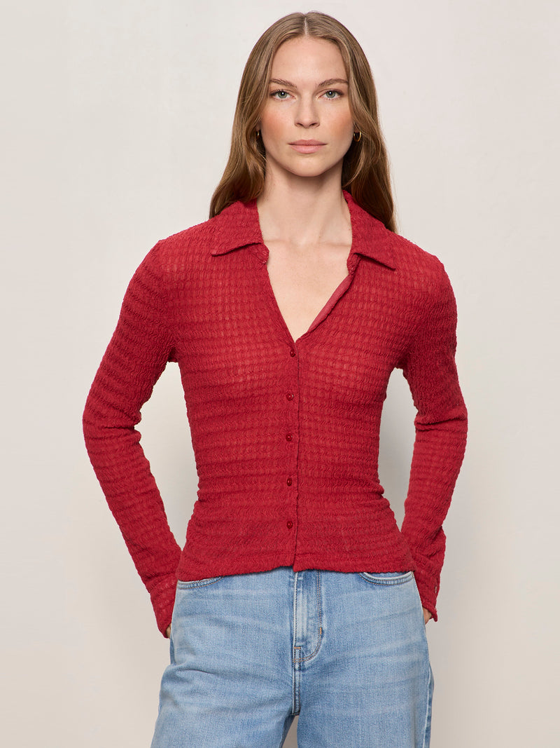 Juno Textured Button Front Top Red Berry alt 3