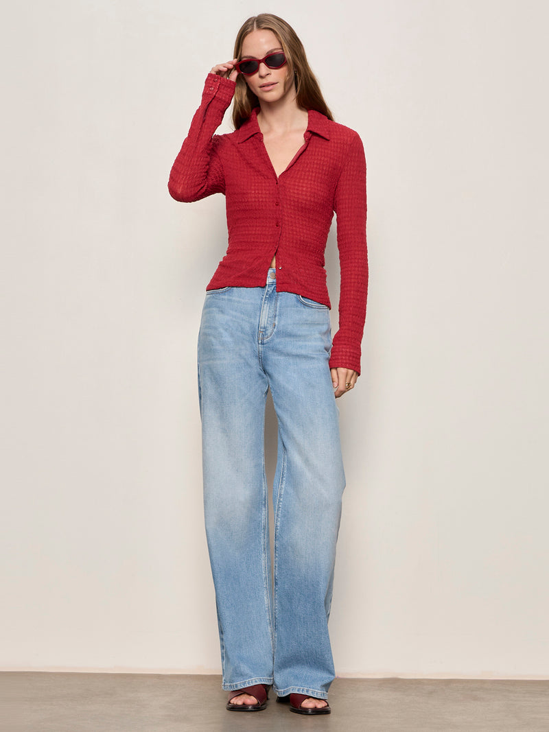 Juno Textured Button Front Top Red Berry alt 4