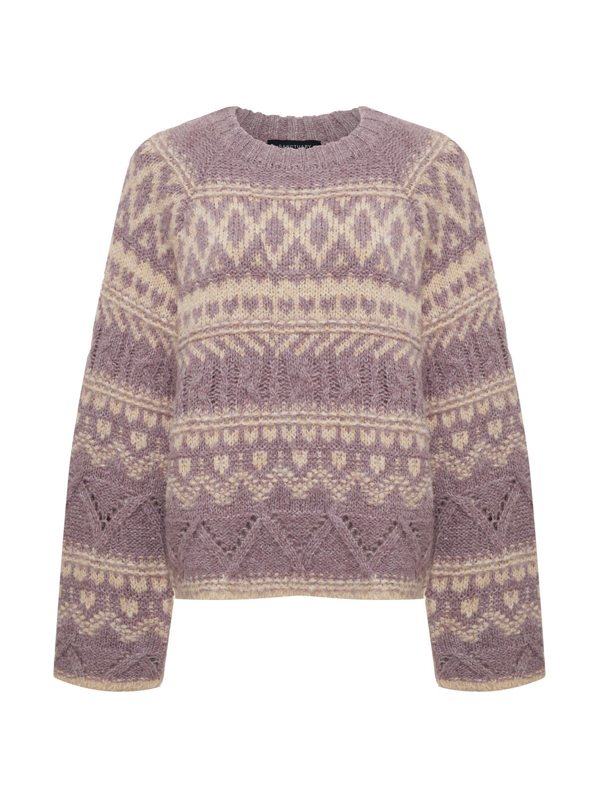 Sanctuary Clothing's Fairisle Crew Neck Sweater in Twilight Mauve Multi features long sleeves, a lilac and beige geometric and heart pattern, a soft textured feel, and a relaxed fit.