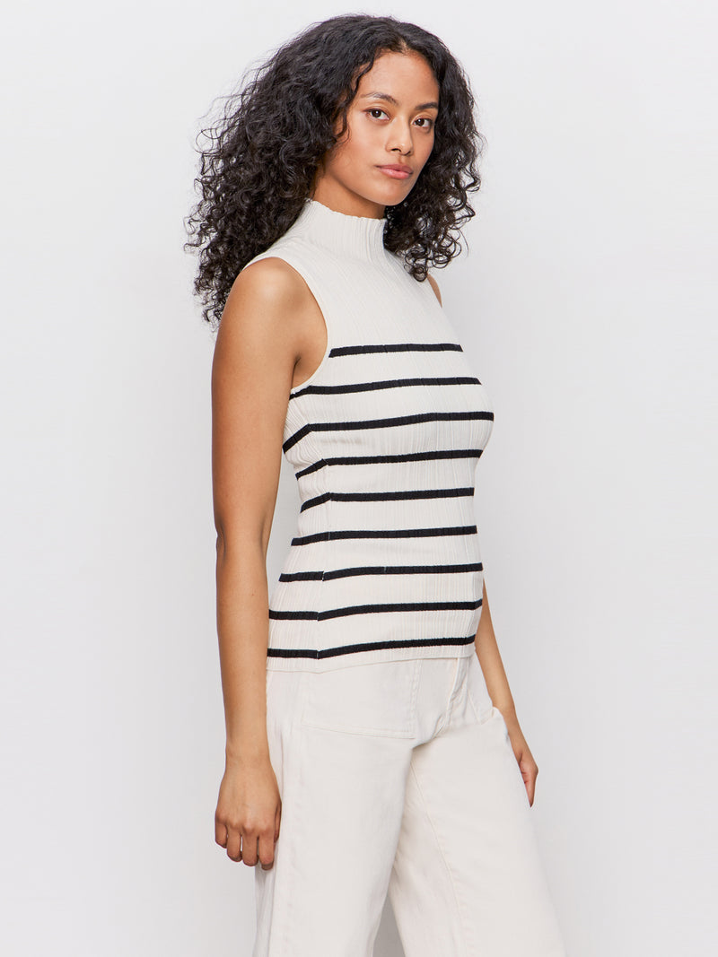 Ribbed Funnel Neck Top Light Oat/Black alt 2