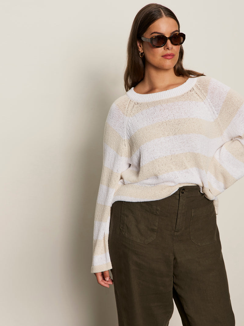 Textured Raglan Crew Sweater White/ Light Oat Stripe Extended Sizing