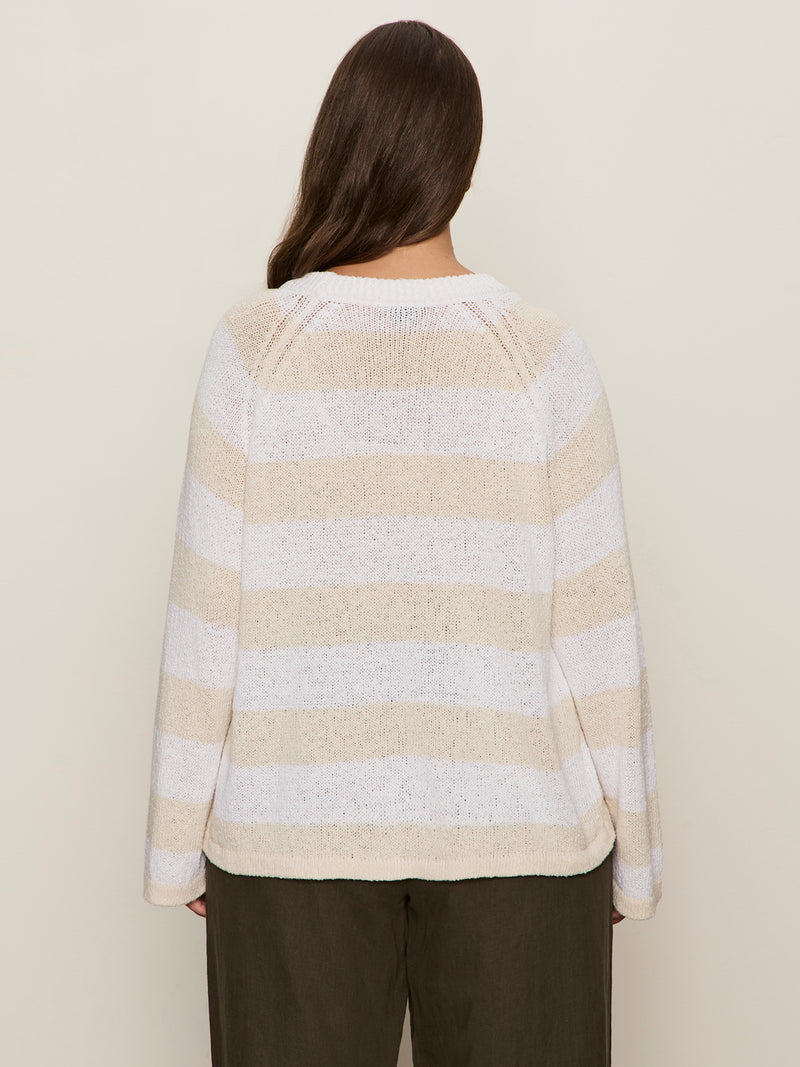 Textured Raglan Crew Sweater White/ Light Oat Stripe Extended Sizing alt 3
