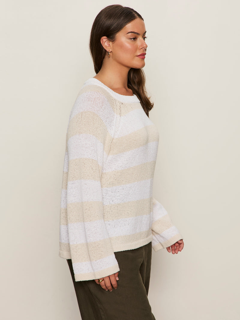 Textured Raglan Crew Sweater White/ Light Oat Stripe Extended Sizing alt 2