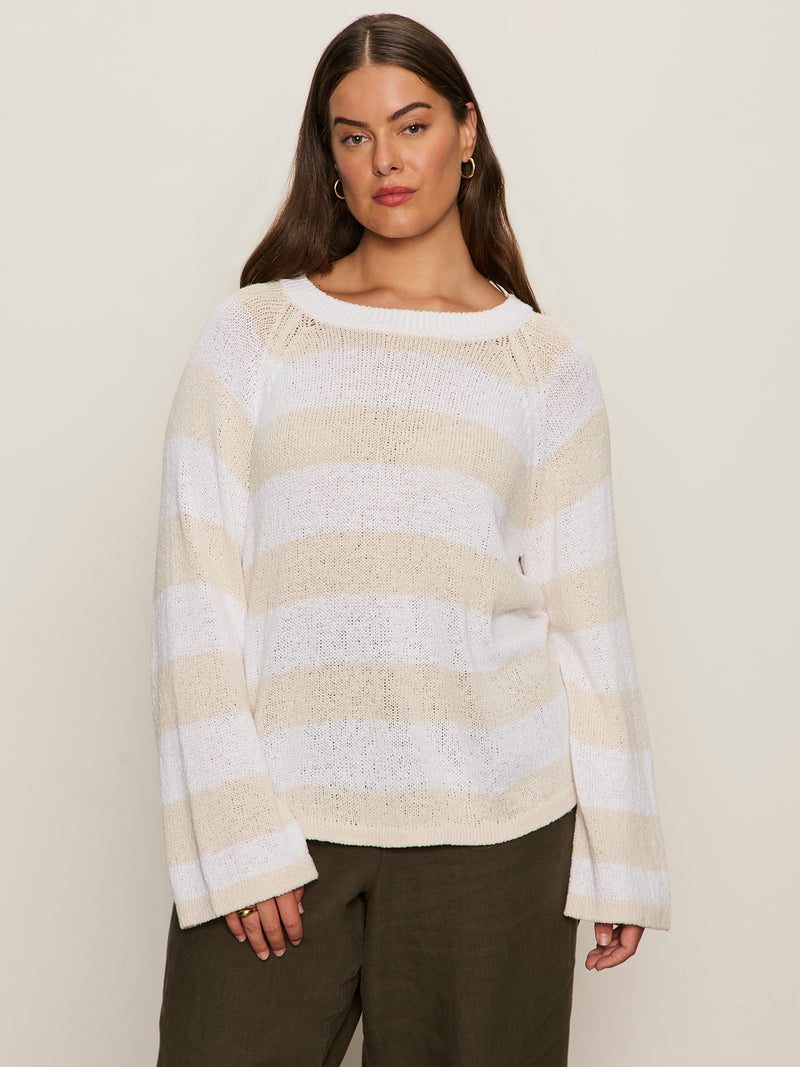 Textured Raglan Crew Sweater White/ Light Oat Stripe Extended Sizing alt 1