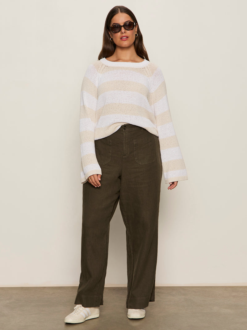 Textured Raglan Crew Sweater White/ Light Oat Stripe Extended Sizing alt 4