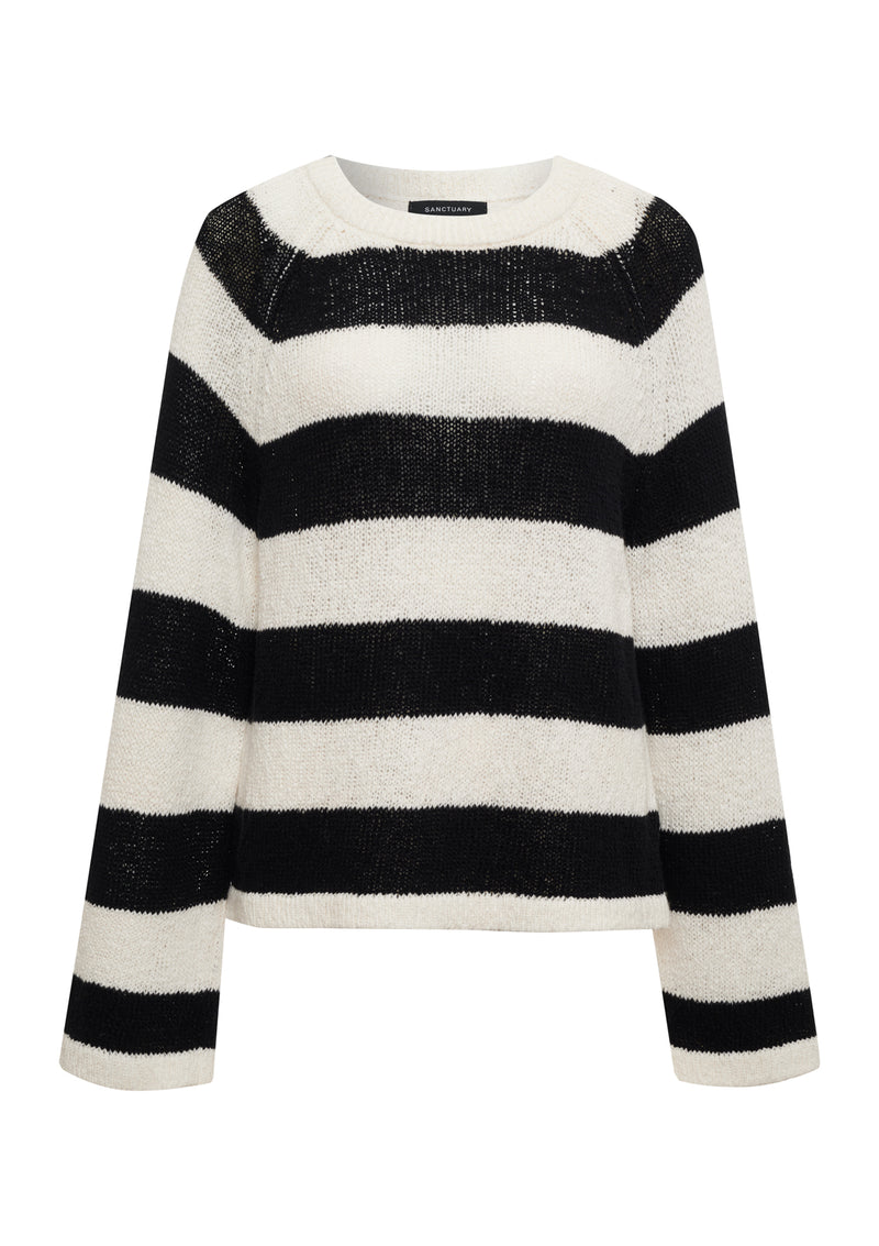 Textured Raglan Crew Sweater Chalk/ Black Stripe alt 6