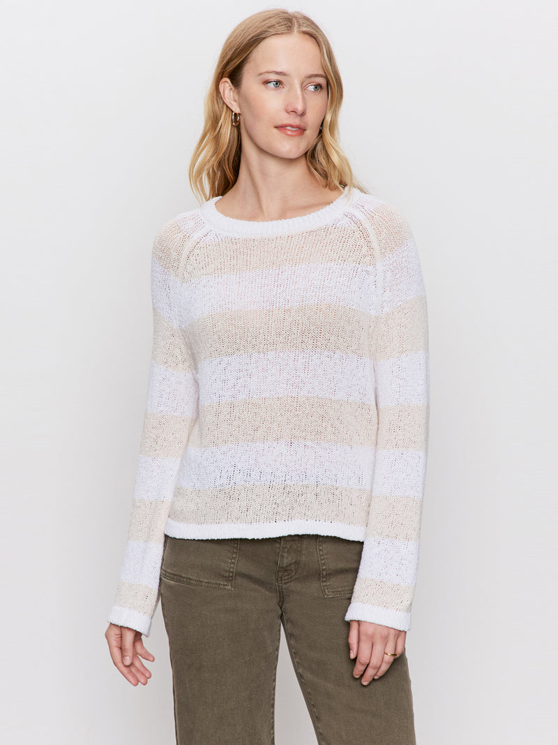 Textured Raglan Crew Sweater White/ Light Oat Stripe