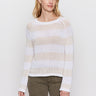 A woman with long blonde hair models the Sanctuary Clothing textured raglan crew in white light oat stripe, paired with olive green pants, against a plain light background.