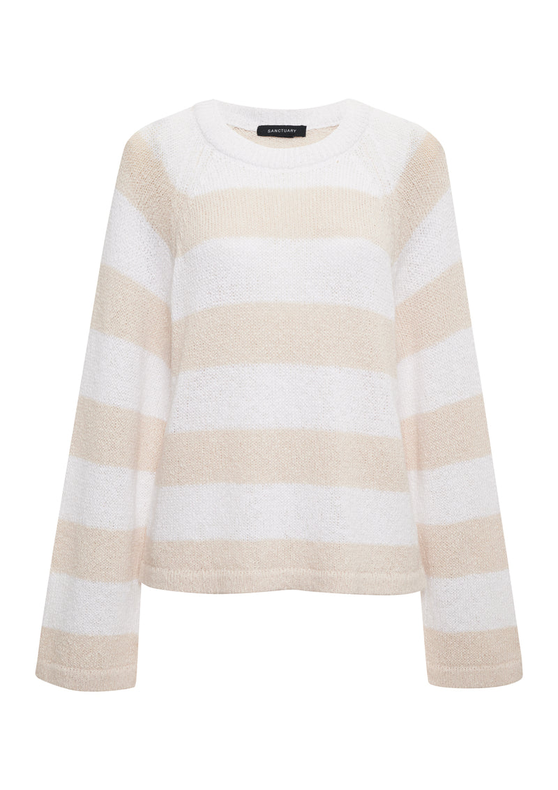Textured Raglan Crew Sweater White/ Light Oat Stripe Extended Sizing alt 6