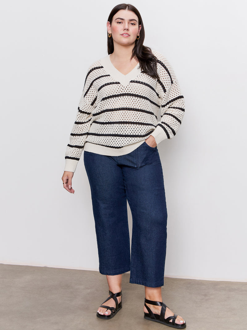 Airy Openwork Sweater Chalk Black Stripe Extended Sizing alt 4