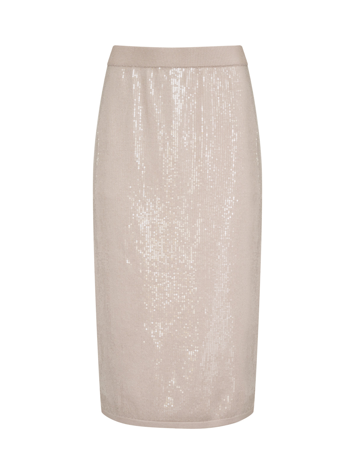 The Sanctuary Clothing sparkle sequin pencil skirt mother of pearl is a beige, knee-length pencil skirt with a fitted silhouette, elastic waistband, and shimmering finish€�no visible zippers or embellishments.