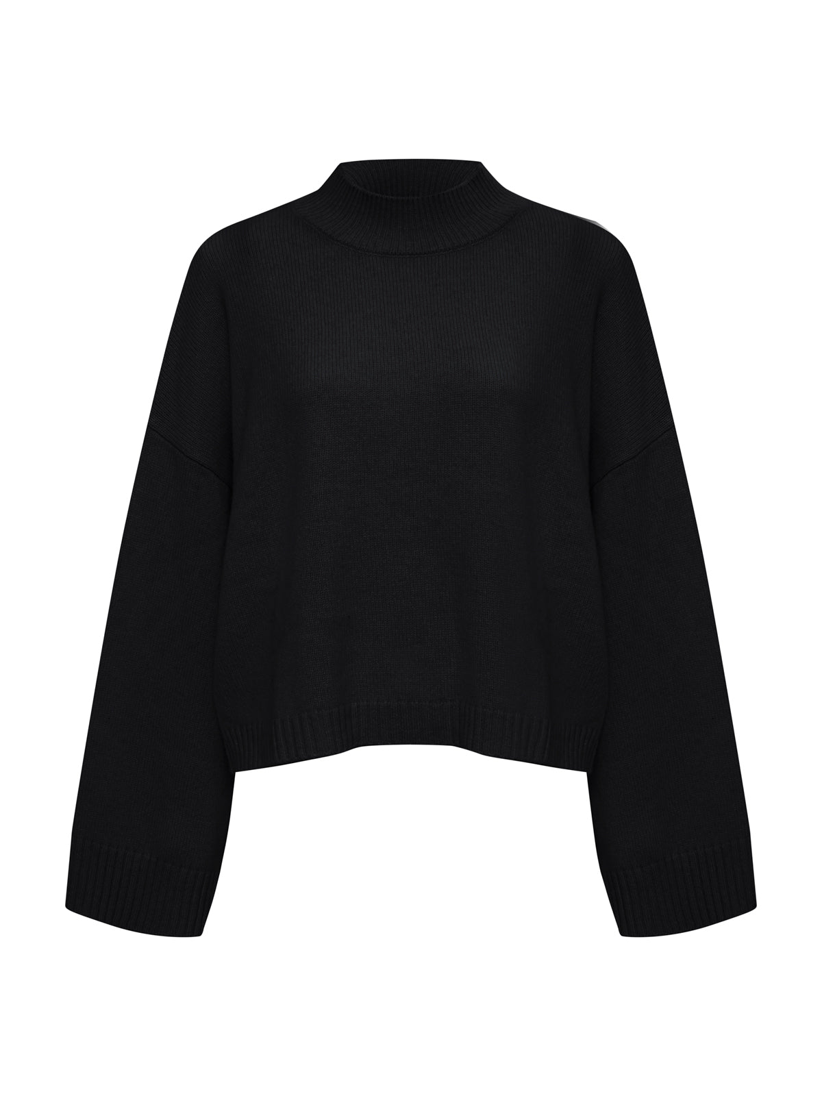 The Sanctuary Clothing forever cashmere popover in black is a relaxed-fit, long-sleeve knit sweater with a high neckline, shown against a white background.