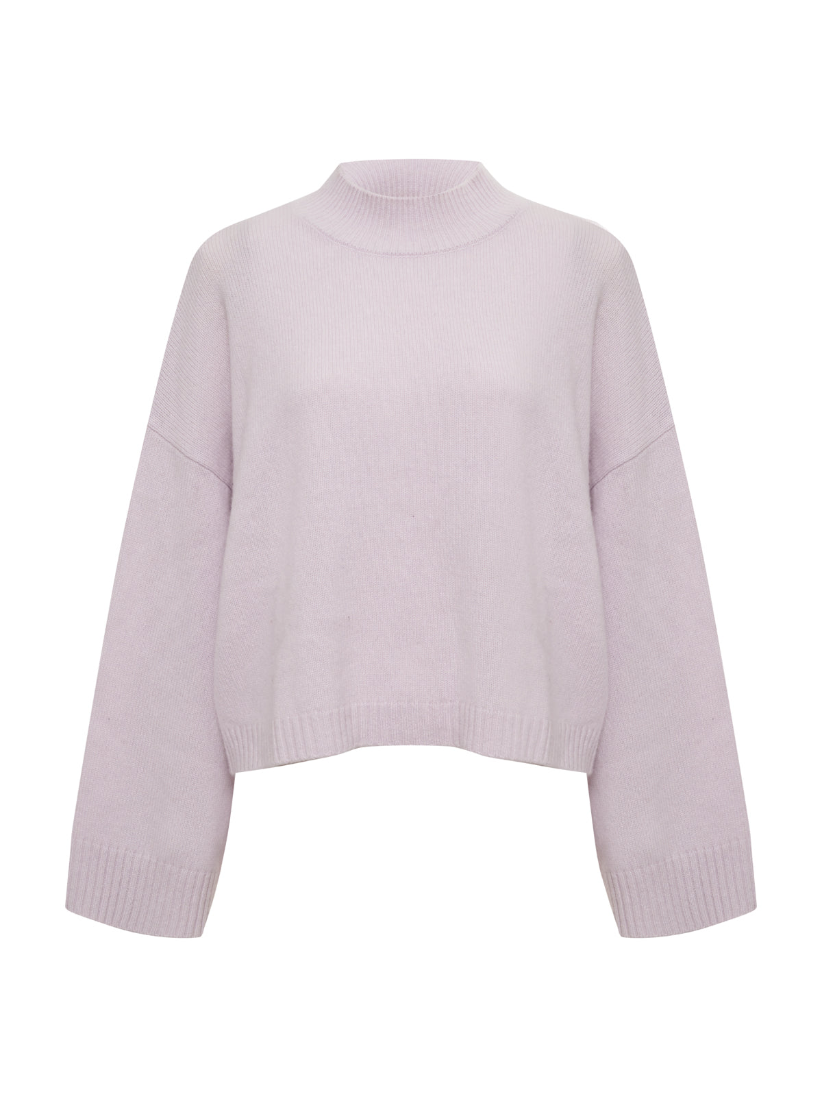 The Sanctuary Clothing forever cashmere popover in light twilight mauve is a long-sleeved knit sweater with a mock turtleneck and ribbed cuffs and hem, shown against a white background.