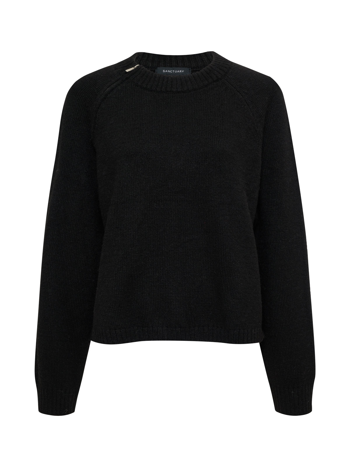 The Zip It Sweater Black by Sanctuary Clothing features long sleeves, ribbed cuffs and hem, and a round neckline. Displayed on a white background.