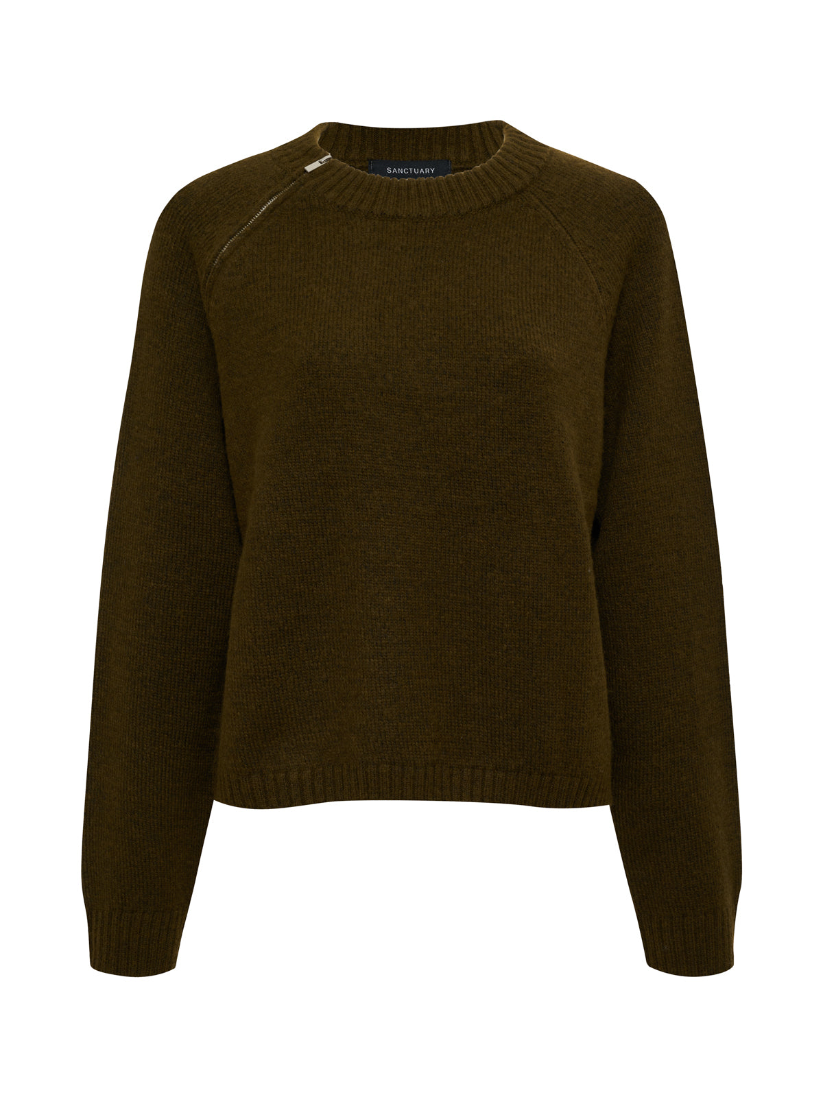 The "zip it sweater dirty martini" by Sanctuary Clothing is a long-sleeve, dark olive green knit with a crew neck, ribbed cuffs and hem, plus a subtle diagonal zipper detail near the neckline.