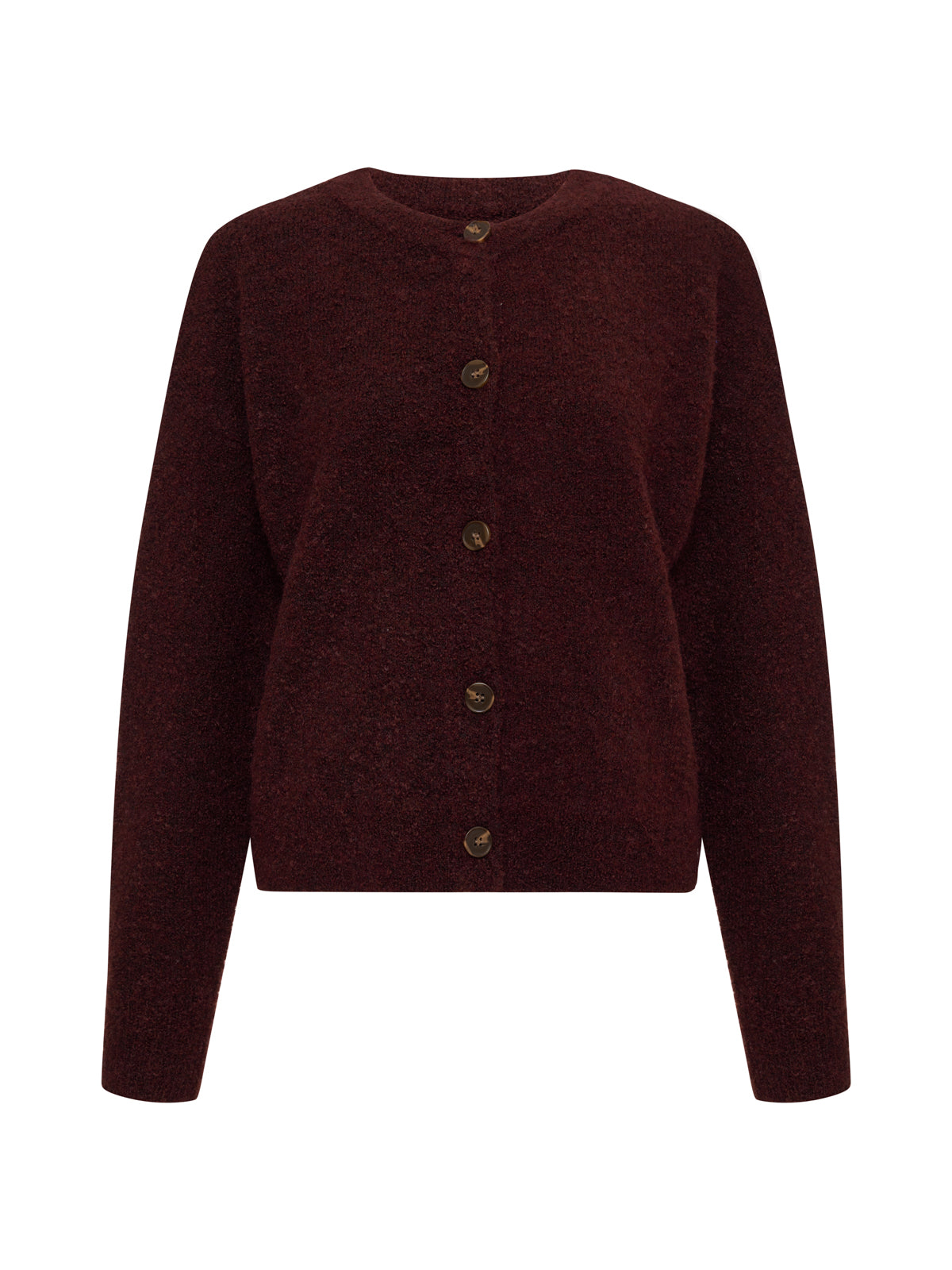 The Sanctuary Clothing boucle cardi in dark crimson features long sleeves, a round neckline, and five brown front buttons.