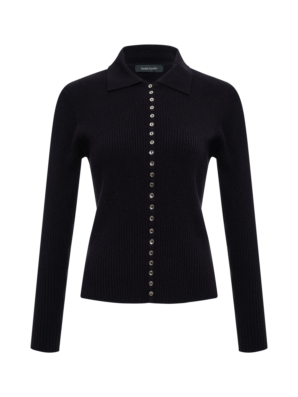 The button down variegated cardi black by Sanctuary Clothing features long sleeves, a ribbed texture, a collared neckline, and silver front buttons, displayed on a plain white background.