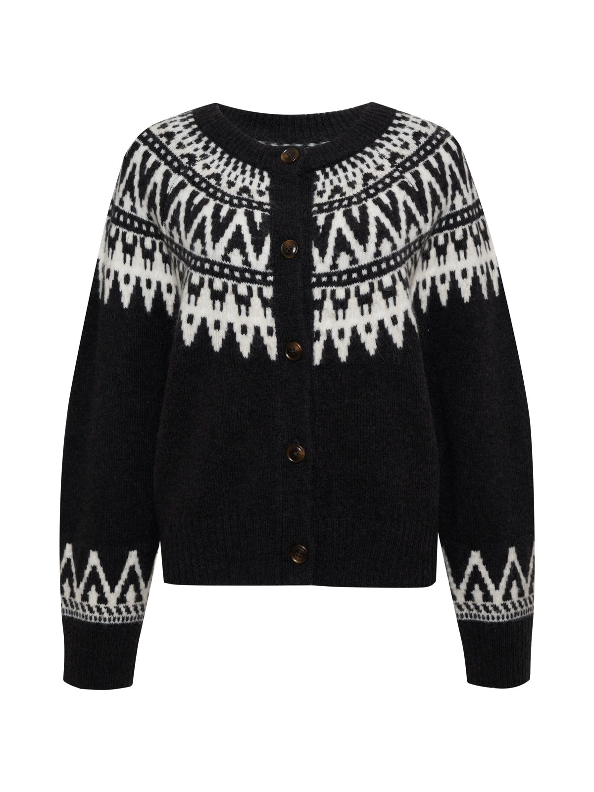 The Sanctuary Clothing fairisle crewneck cardi in ink multi (extended sizing) features a black base with white geometric and zigzag patterns on the yoke, cuffs, and hem. It has a round neckline, long sleeves, and button-up front.