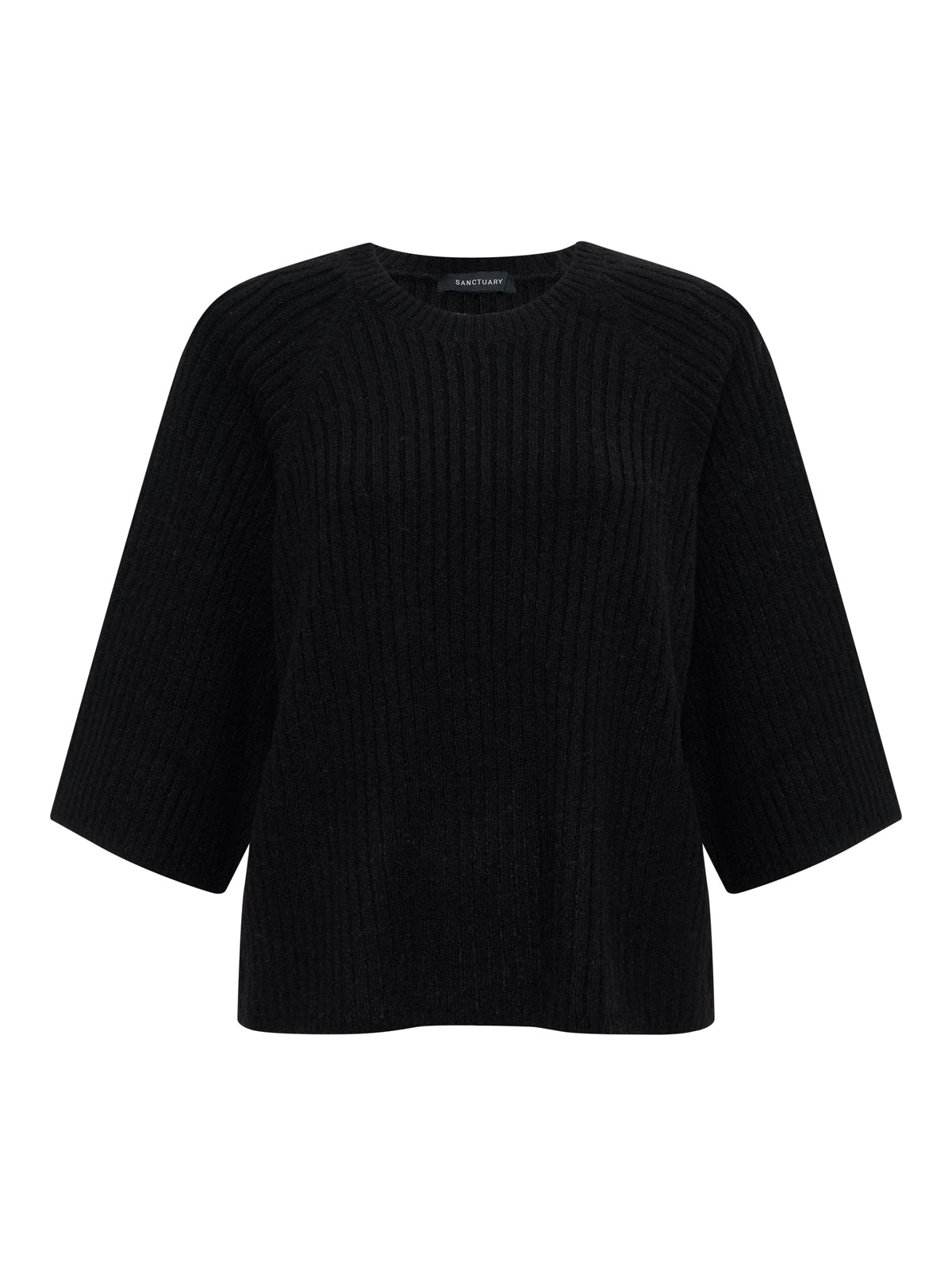 The ribbed sweater tee black by Sanctuary Clothing features wide three-quarter sleeves and a round neckline, shown on a plain white background. Extended sizing available.